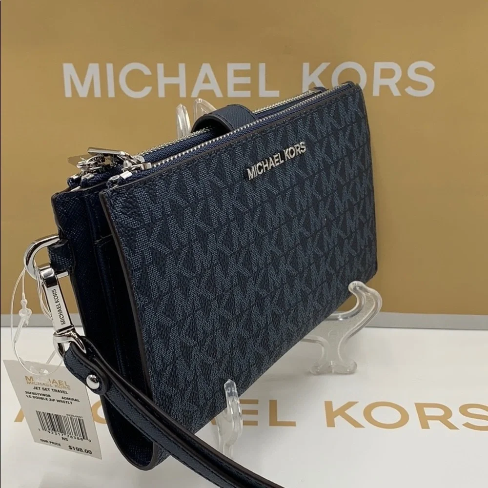 MICHAEL KORS JET SET TRAVEL LG DOUBLE ZIP WRISTLET PHONE HOLDER CASE WALLET NWT